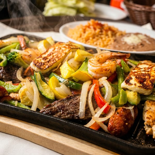 Sizzling fajitas with steak, chicken, shrimp, cheese, and vegetables on a cast iron platter.