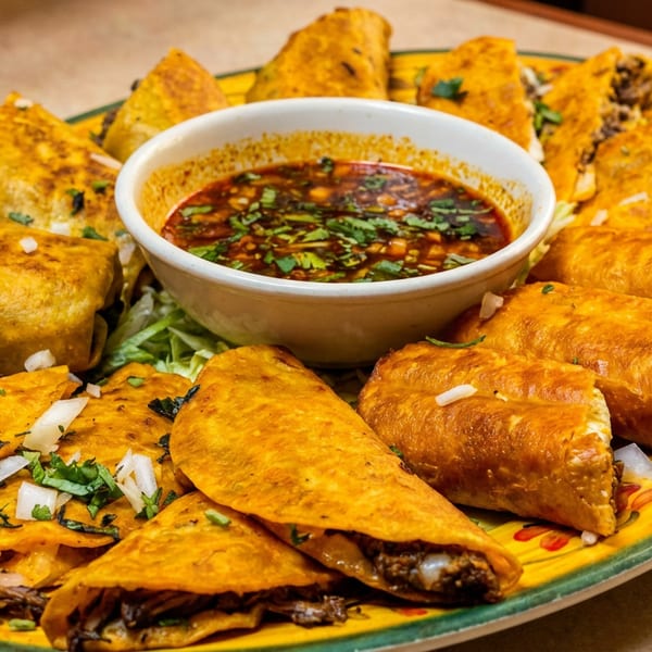 A vibrant yellow platter filled with crispy tacos and taquitos, served with a central bowl of dipping sauce.