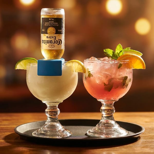 Two cocktails on a tray: a Coronita margarita and a pink mojito with mint and orange.
