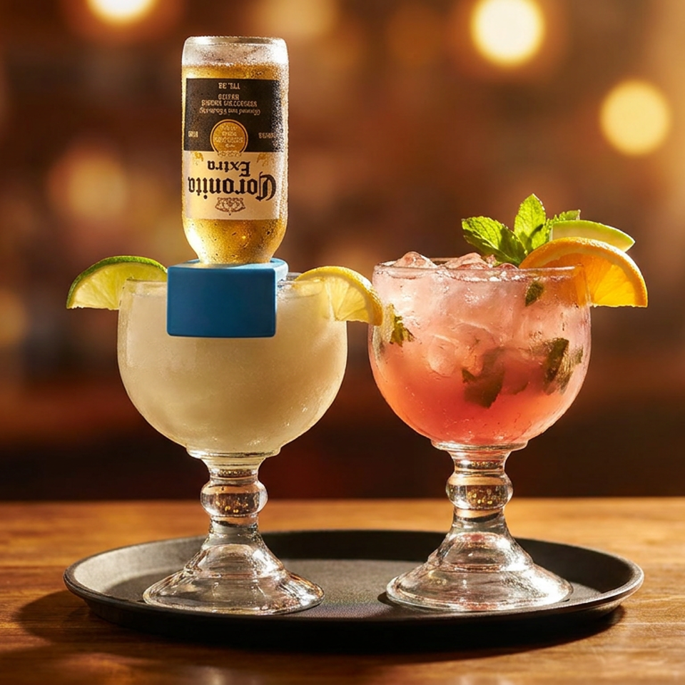 Two cocktails on a tray: a Coronita margarita and a pink mojito with mint and orange.