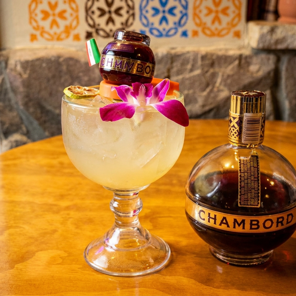 A cocktail with a Chambord miniature bottle and a purple orchid, next to a Chambord liquor bottle.