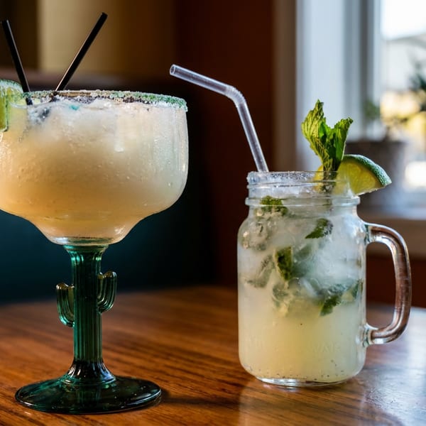 Two cocktails, a margarita in a cactus glass and a mojito in a mason jar, on a wooden table.